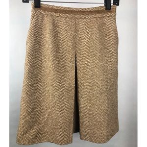 Marc Jacobs Tweed Tan Herringbone Skirt A-Line Front Pleat Leather Trim Sz 4